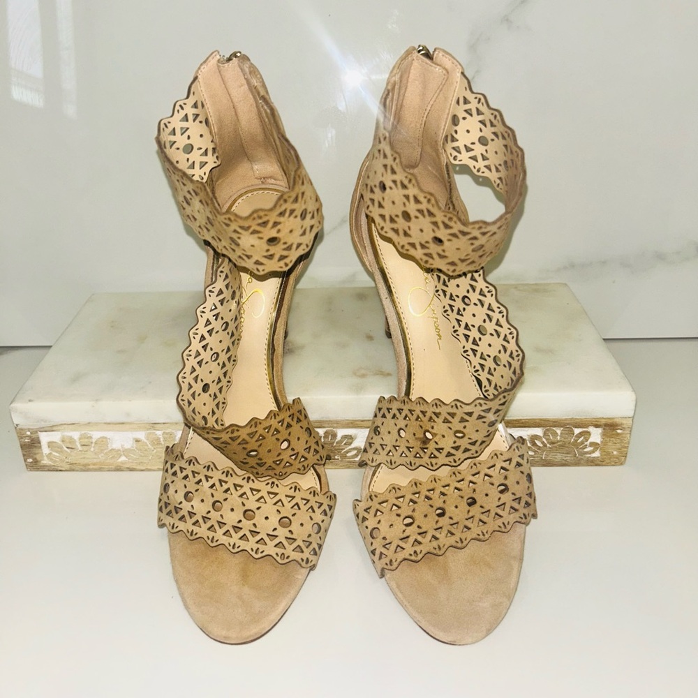Jessica Simpson Tan Heels with Intricate Design, Zip Closure Ankle Strap
